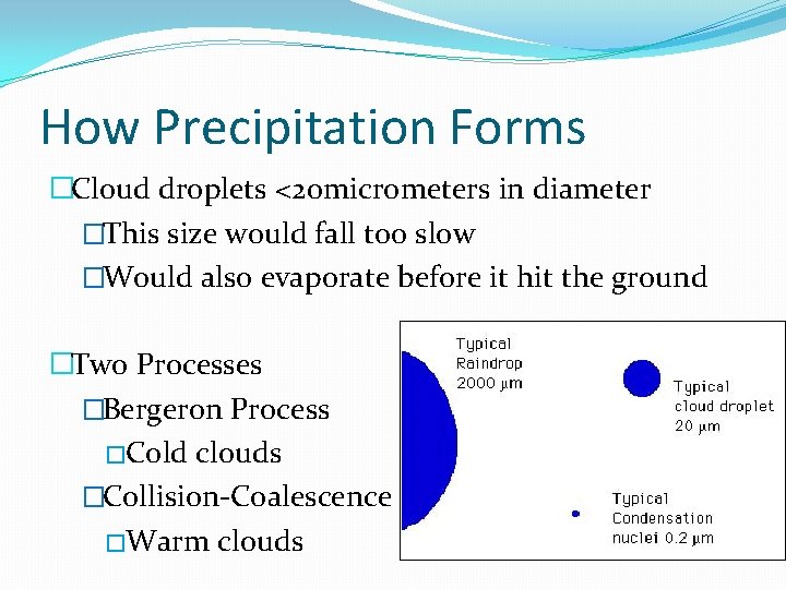 How Precipitation Forms �Cloud droplets <20 micrometers in diameter �This size would fall too