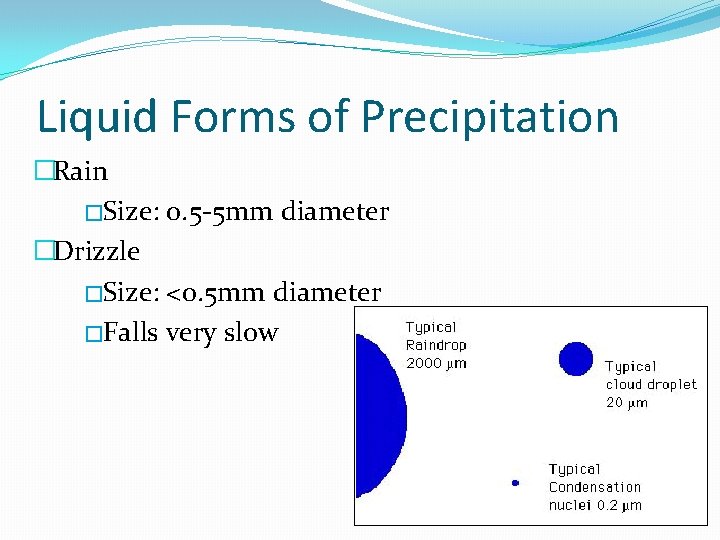 Liquid Forms of Precipitation �Rain �Size: 0. 5 -5 mm diameter �Drizzle �Size: <0.