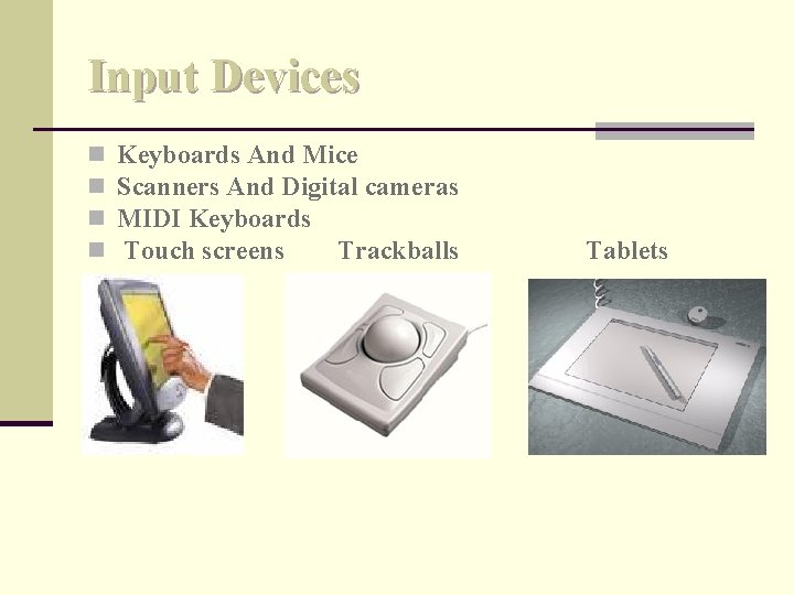 Input Devices n n Keyboards And Mice Scanners And Digital cameras MIDI Keyboards Touch