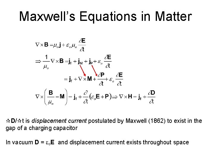Maxwell’s Equations in Matter D/ t is displacement current postulated by Maxwell (1862) to