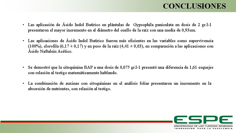 CONCLUSIONES • Las aplicación de Ácido Indol Butírico en plántulas de Gypsophila paniculata en