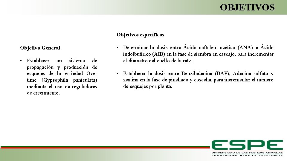 OBJETIVOS Objetivos específicos Objetivo General • Establecer un sistema de propagación y producción de