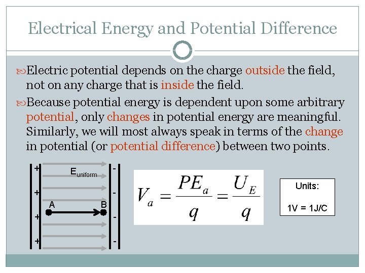 Electrical Energy and Potential Difference Electric potential depends on the charge outside the field,