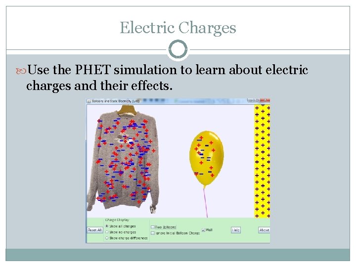 Electric Charges Use the PHET simulation to learn about electric charges and their effects.