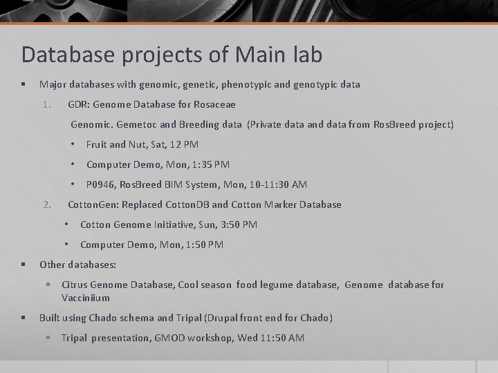 Database projects of Main lab § Major databases with genomic, genetic, phenotypic and genotypic