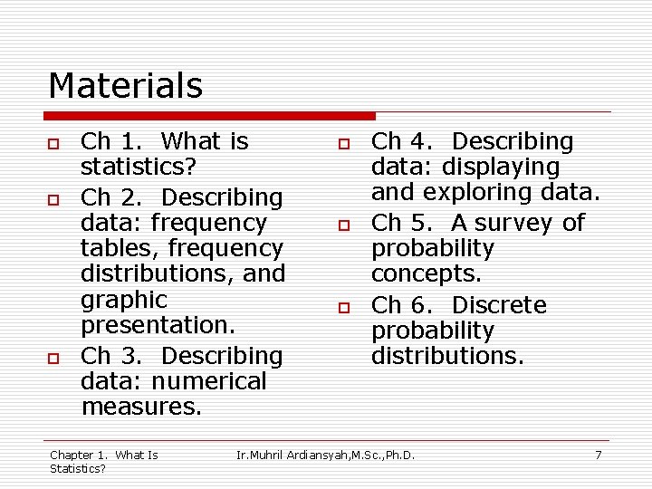 Materials o o o Ch 1. What is statistics? Ch 2. Describing data: frequency