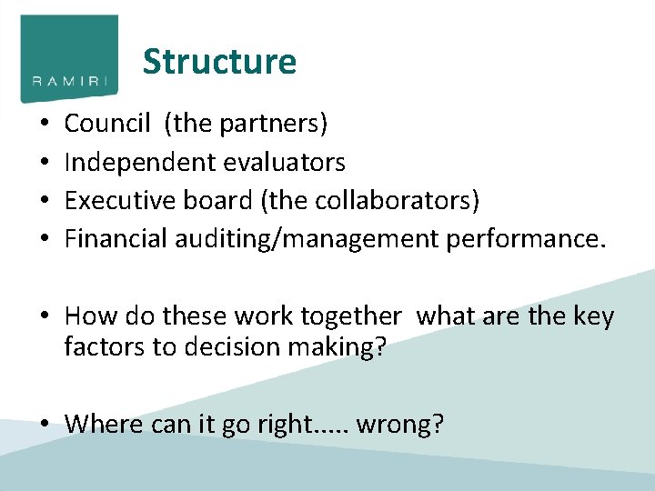 Structure • • Council (the partners) Independent evaluators Executive board (the collaborators) Financial auditing/management
