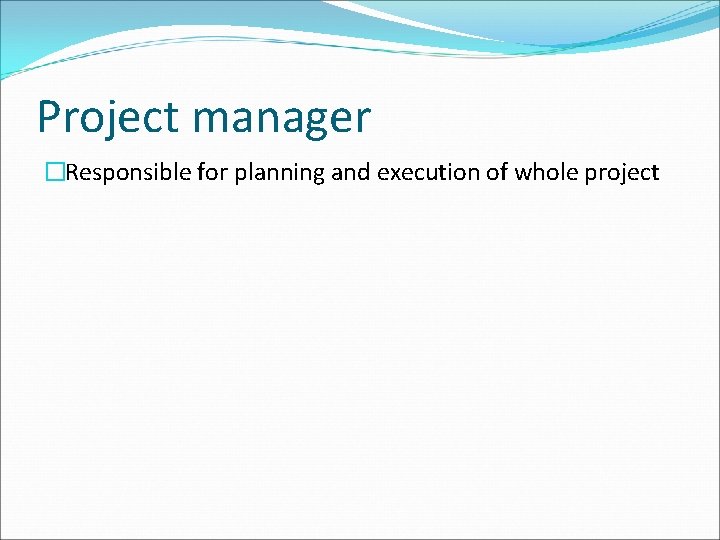 Project manager �Responsible for planning and execution of whole project Project manager �Responsible for planning and execution of whole project