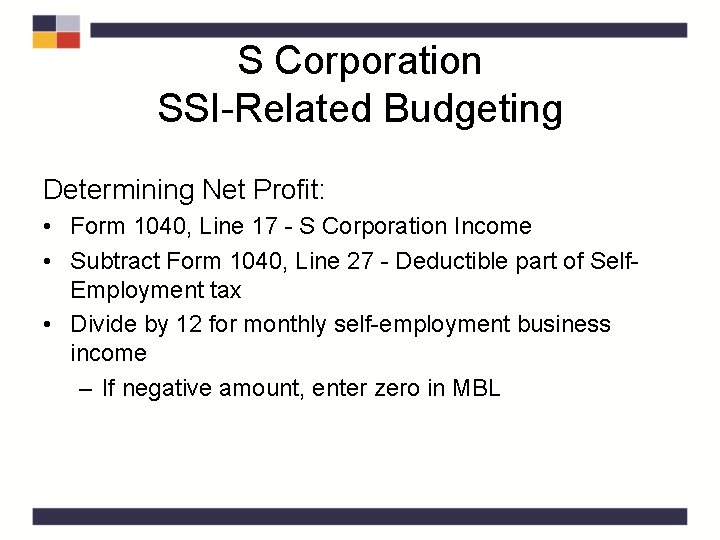 S Corporation SSI-Related Budgeting Determining Net Profit: • Form 1040, Line 17 - S