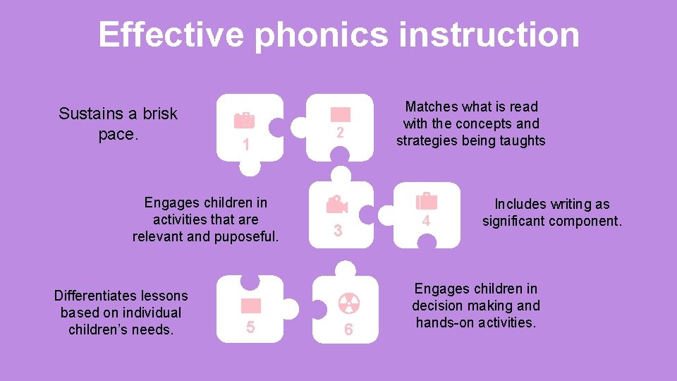 Effective phonics instruction Sustains a brisk pace. 1 Engages children in activities that are