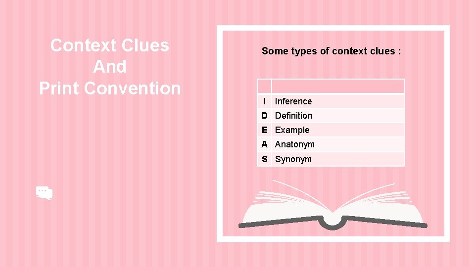 Context Clues And Print Convention Some types of context clues : I Inference D