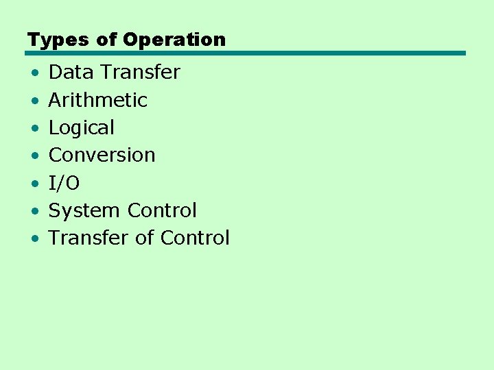 Types of Operation • • Data Transfer Arithmetic Logical Conversion I/O System Control Transfer Types of Operation • • Data Transfer Arithmetic Logical Conversion I/O System Control Transfer