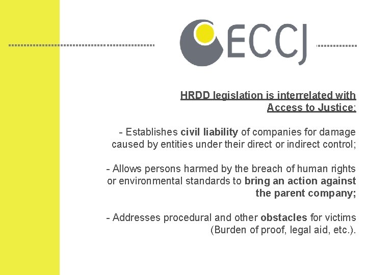 HRDD legislation is interrelated with Access to Justice: - Establishes civil liability of companies HRDD legislation is interrelated with Access to Justice: - Establishes civil liability of companies
