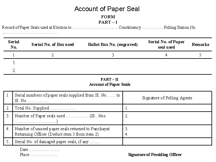 Account of Paper Seal FORM PART – I Record of Paper Seals used at