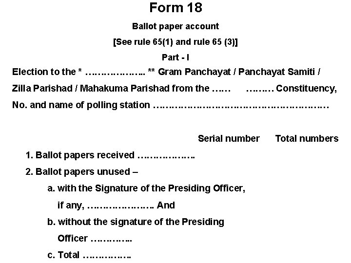 Form 18 Ballot paper account [See rule 65(1) and rule 65 (3)] Part -