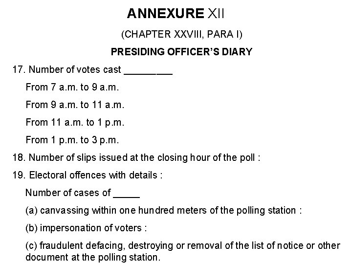 ANNEXURE XII (CHAPTER XXVIII, PARA I) PRESIDING OFFICER’S DIARY 17. Number of votes cast