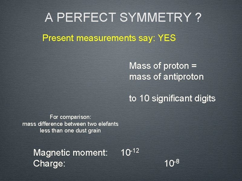 A PERFECT SYMMETRY ? Present measurements say: YES Mass of proton = mass of