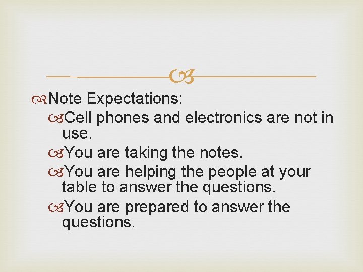  Note Expectations: Cell phones and electronics are not in use. You are taking