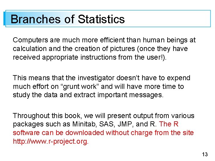 Branches of Statistics Computers are much more efficient than human beings at calculation and