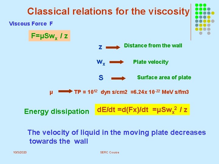 Classical relations for the viscosity Viscous Force F F=μSwx / z z wx S Classical relations for the viscosity Viscous Force F F=μSwx / z z wx S