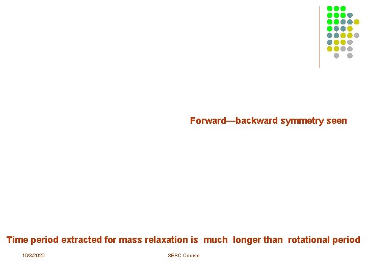Forward—backward symmetry seen Time period extracted for mass relaxation is much longer than rotational Forward—backward symmetry seen Time period extracted for mass relaxation is much longer than rotational