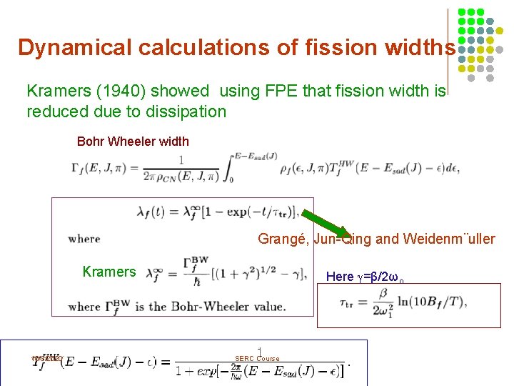 Dynamical calculations of fission widths Kramers (1940) showed using FPE that fission width is Dynamical calculations of fission widths Kramers (1940) showed using FPE that fission width is