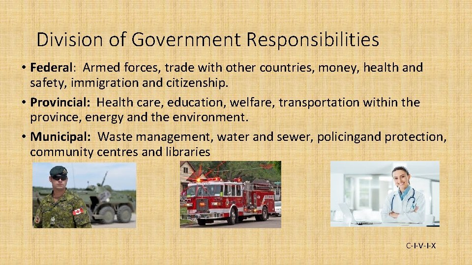 Division of Government Responsibilities • Federal: Armed forces, trade with other countries, money, health