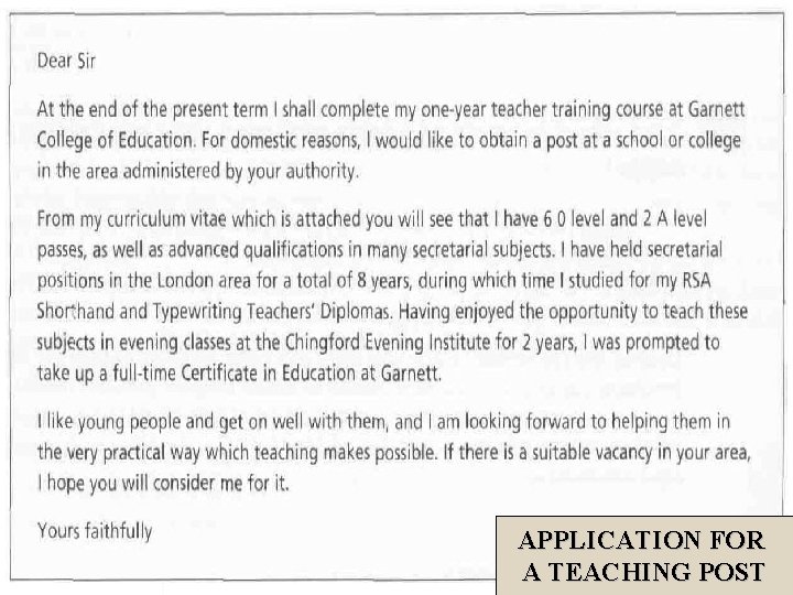 APPLICATION FOR A TEACHING POST 