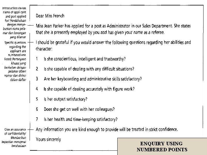 ENQUIRY USING NUMBERED POINTS 