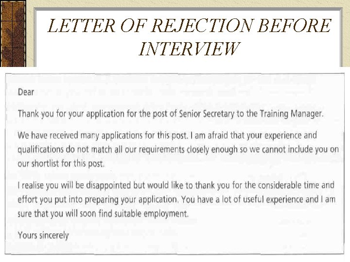 LETTER OF REJECTION BEFORE INTERVIEW 