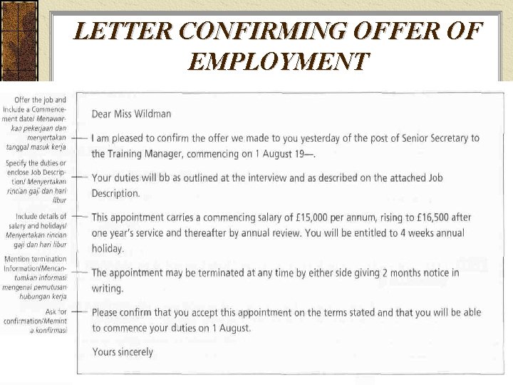 LETTER CONFIRMING OFFER OF EMPLOYMENT 