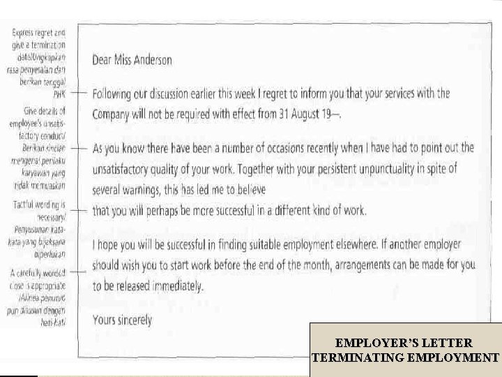 EMPLOYER’S LETTER TERMINATING EMPLOYMENT 