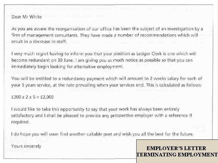 EMPLOYER’S LETTER TERMINATING EMPLOYMENT 