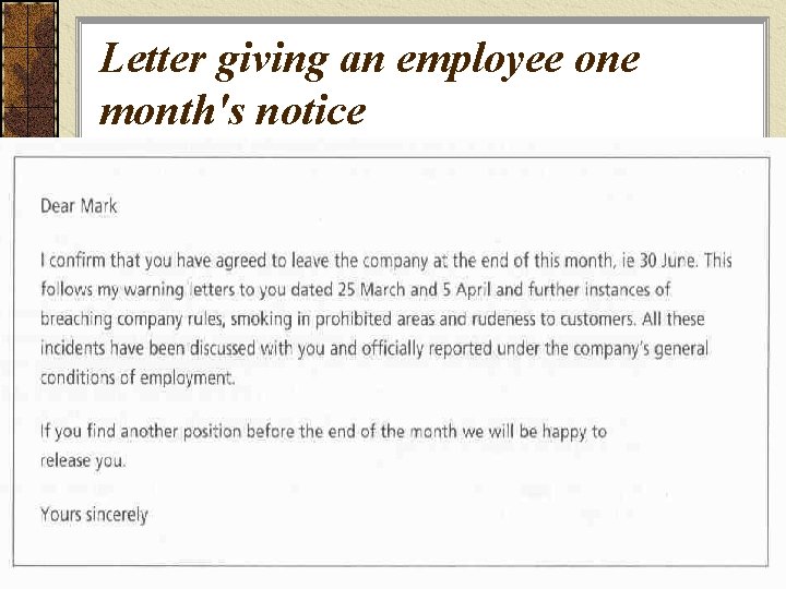 Letter giving an employee one month's notice 