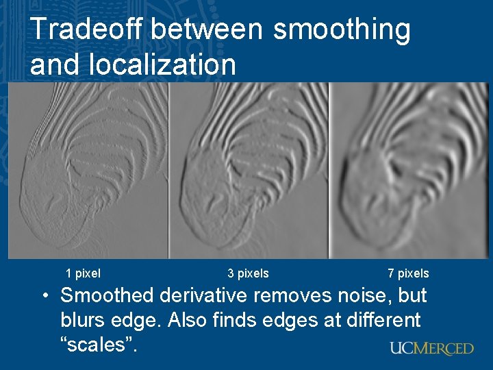 Tradeoff between smoothing and localization 1 pixel 3 pixels 7 pixels • Smoothed derivative Tradeoff between smoothing and localization 1 pixel 3 pixels 7 pixels • Smoothed derivative