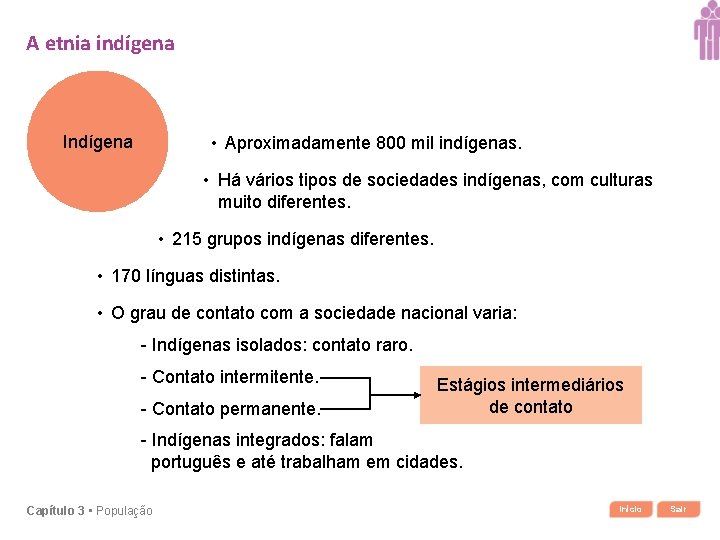 A etnia indígena Indígena • Aproximadamente 800 mil indígenas. • Há vários tipos de