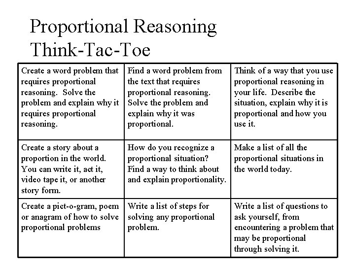 Proportional Reasoning Think-Tac-Toe Create a word problem that requires proportional reasoning. Solve the problem