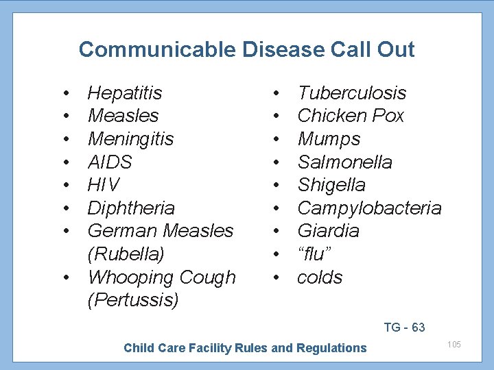 Communicable Disease Call Out • • Hepatitis Measles Meningitis AIDS HIV Diphtheria German Measles