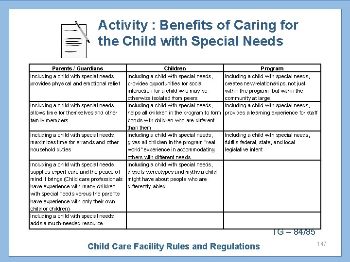 Activity : Benefits of Caring for the Child with Special Needs Parents / Guardians