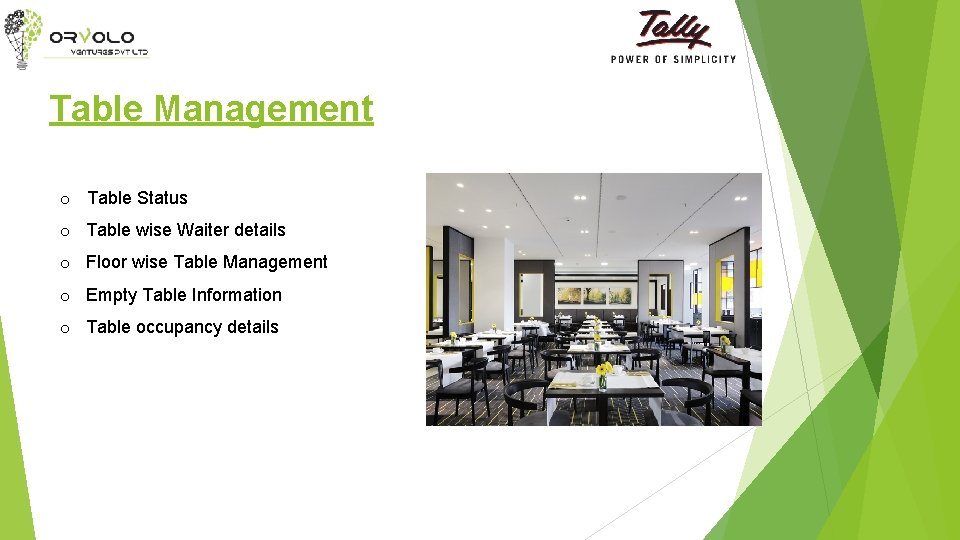 Table Management o Table Status o Table wise Waiter details o Floor wise Table