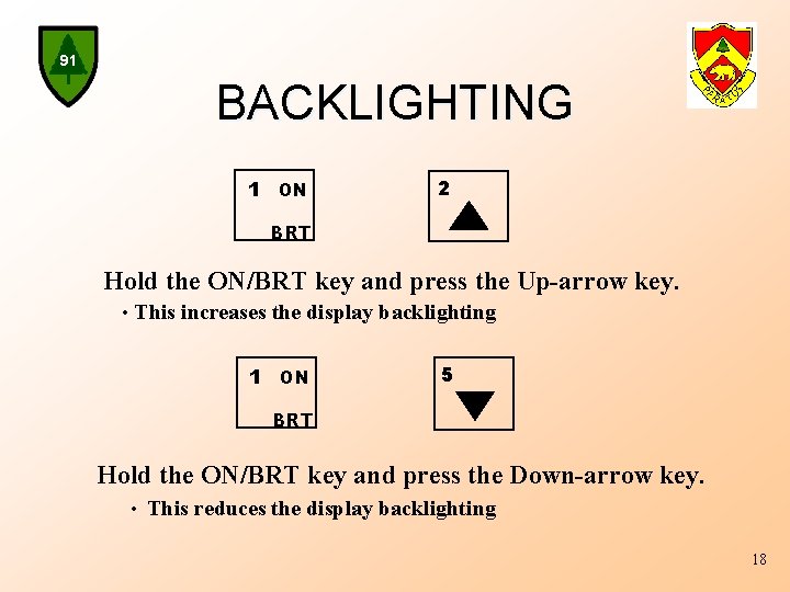 91 BACKLIGHTING 1 ON 2 BRT Hold the ON/BRT key and press the Up-arrow