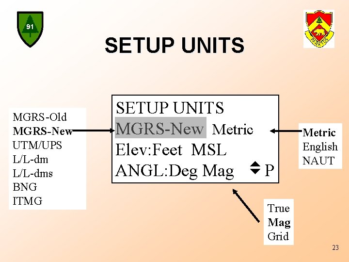 91 SETUP UNITS MGRS-Old MGRS-New UTM/UPS L/L-dms BNG ITMG SETUP UNITS MGRS-New Metric Elev: