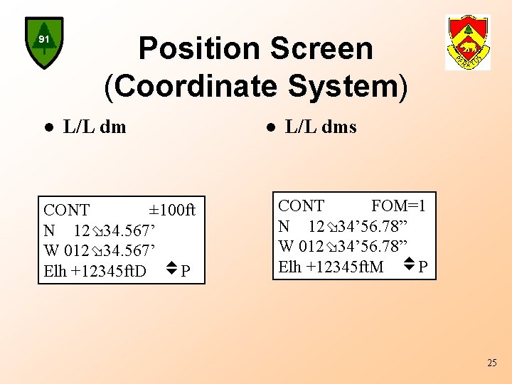 91 l Position Screen (Coordinate System) L/L dm CONT ± 100 ft N 12
