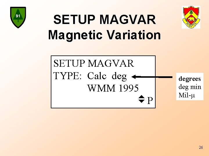 91 SETUP MAGVAR Magnetic Variation SETUP MAGVAR TYPE: Calc deg WMM 1995 P degrees