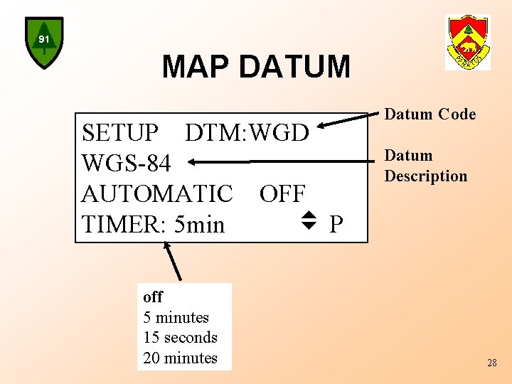 91 MAP DATUM SETUP DTM: WGD WGS-84 AUTOMATIC OFF TIMER: 5 min P off