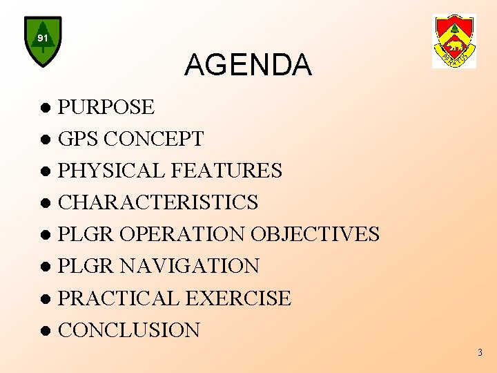 91 AGENDA PURPOSE l GPS CONCEPT l PHYSICAL FEATURES l CHARACTERISTICS l PLGR OPERATION