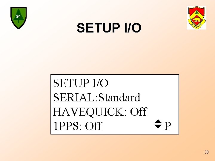 91 SETUP I/O SERIAL: Standard HAVEQUICK: Off 1 PPS: Off P 30 