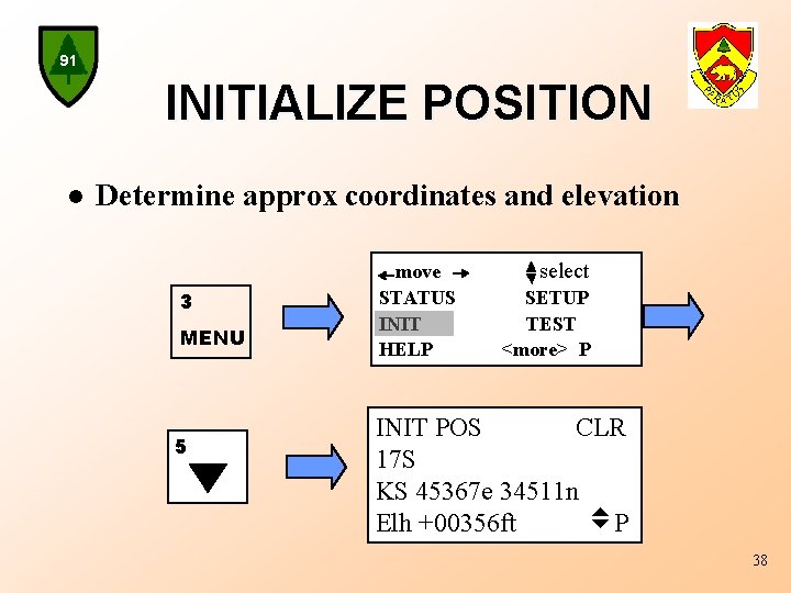 91 INITIALIZE POSITION l Determine approx coordinates and elevation 3 MENU 5 move STATUS