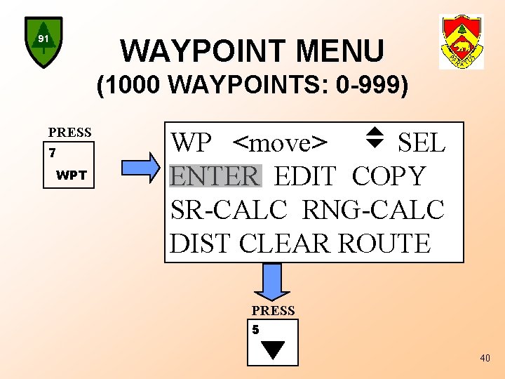 91 WAYPOINT MENU (1000 WAYPOINTS: 0 -999) PRESS 7 WPT WP <move> SEL ENTER