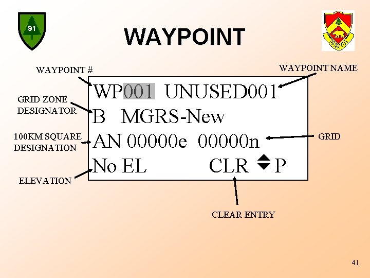 WAYPOINT 91 WAYPOINT NAME WAYPOINT # GRID ZONE DESIGNATOR 100 KM SQUARE DESIGNATION ELEVATION